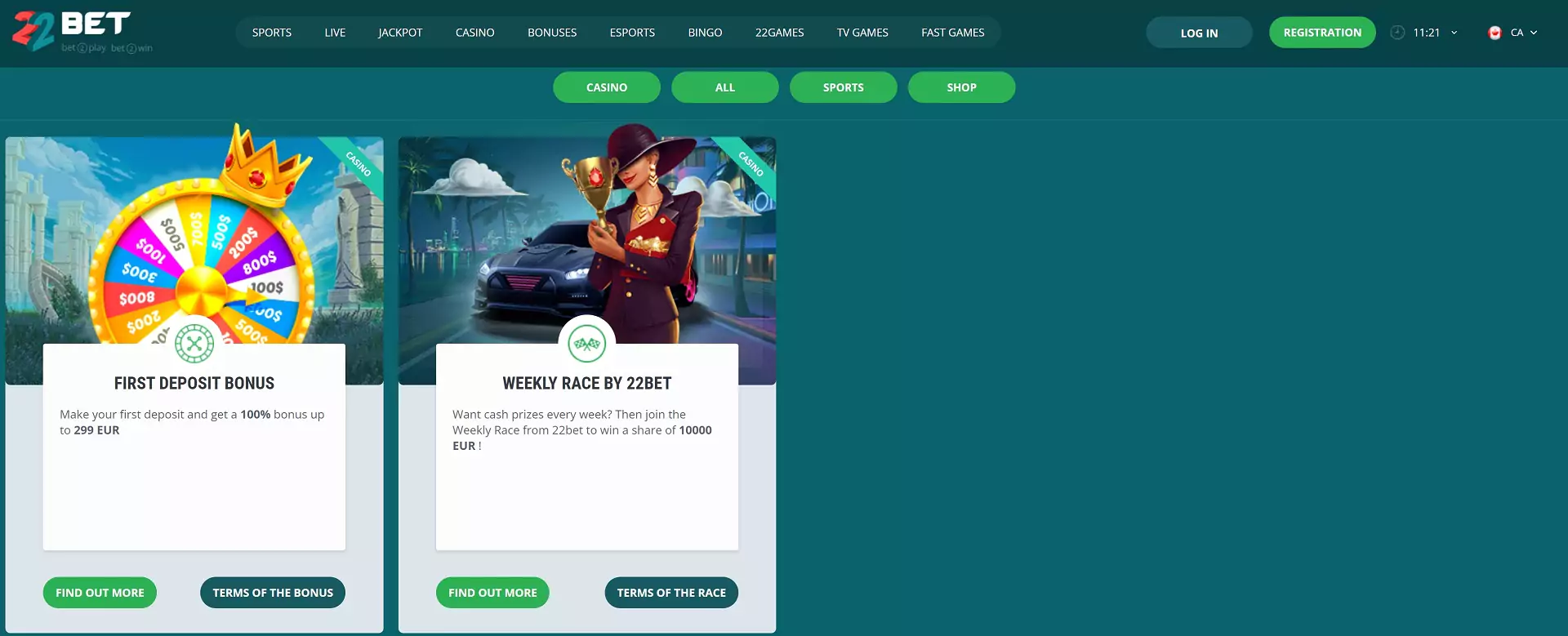 Screenshot of The 22bet Bonuses.