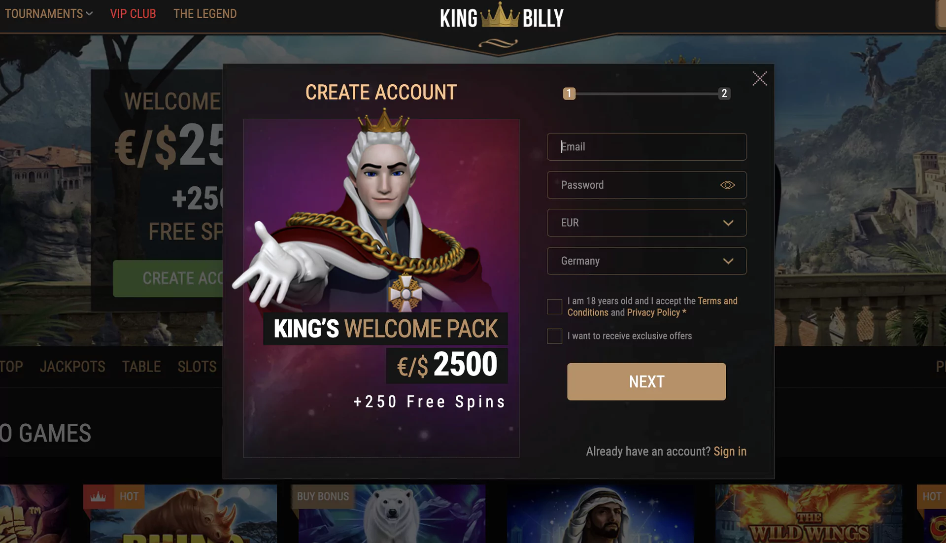 Signup at King Billy Casino