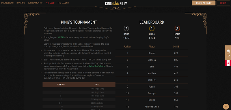 King Billy Casino Tournaments