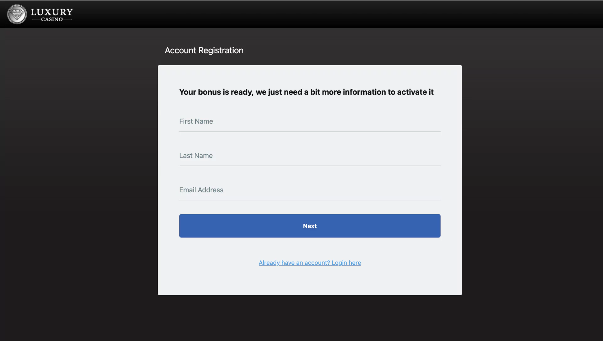 Signup Page at Luxury Casino