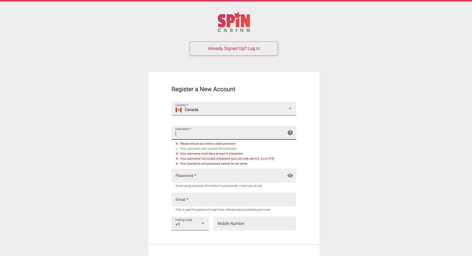 Signup at Spin Casino