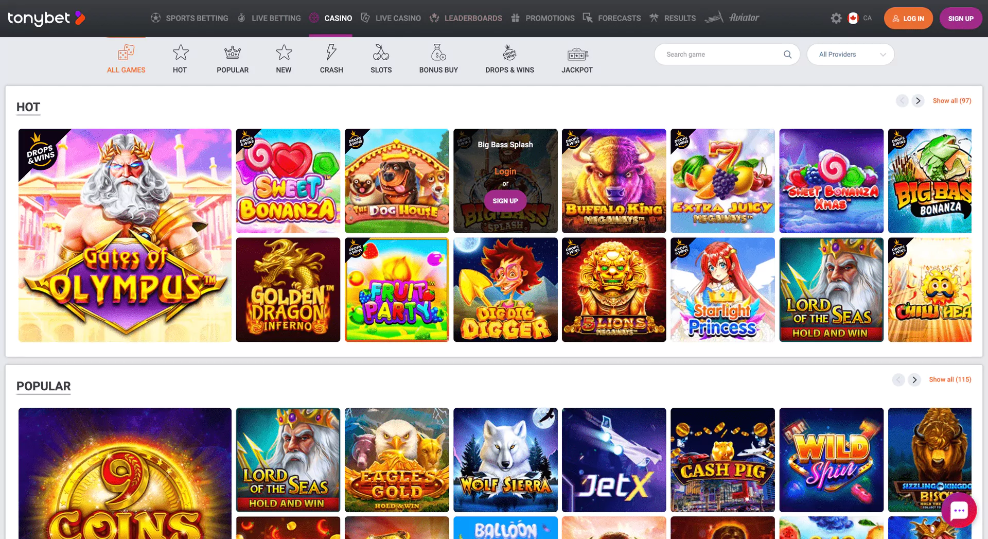 Casino games at TonyBet casino