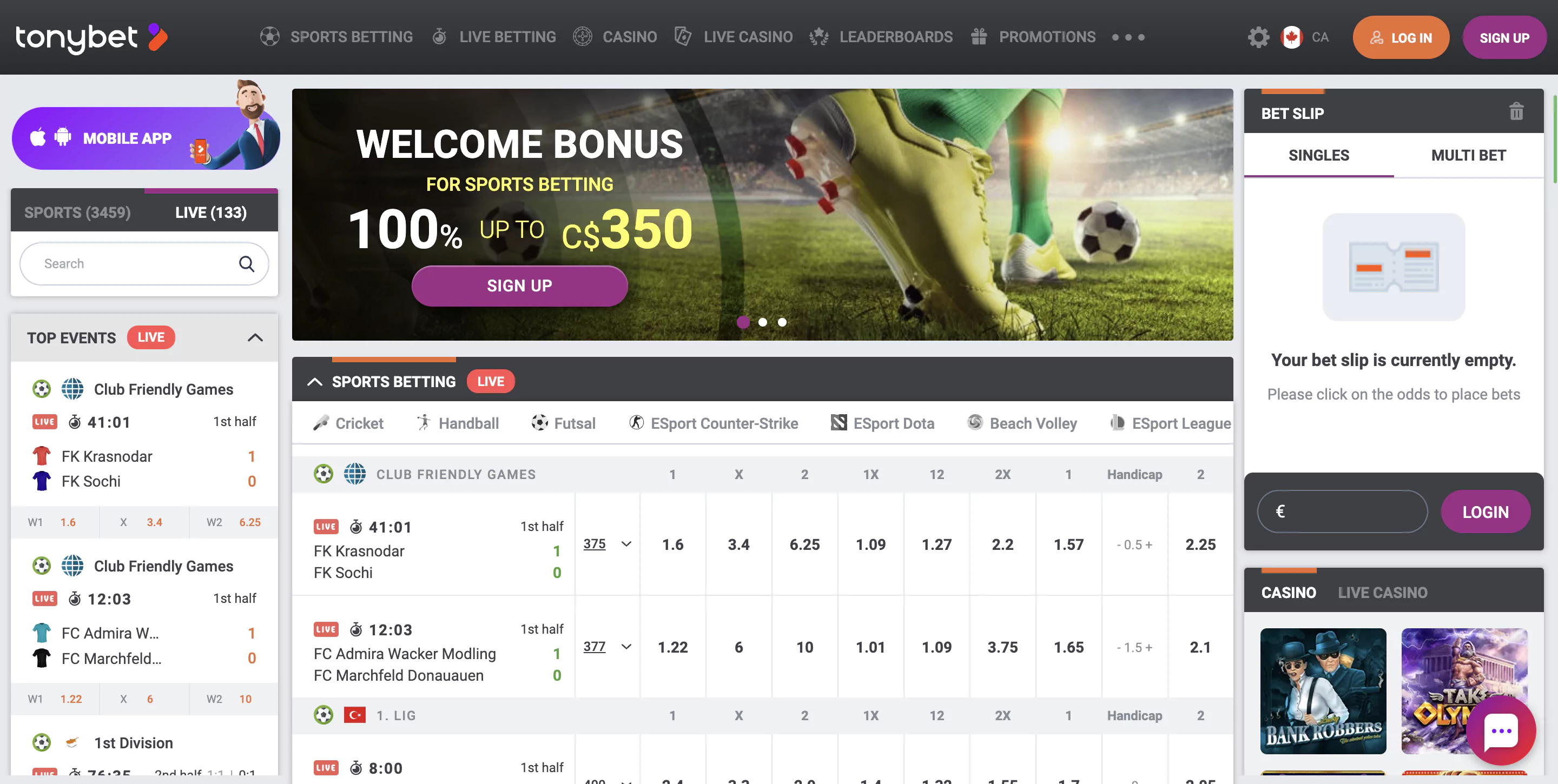 TonyBet casino Main Page