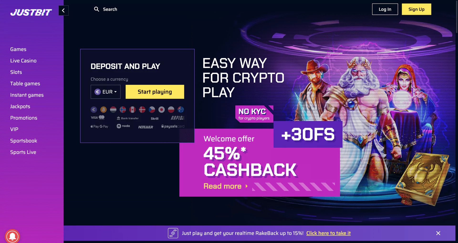 Main page at JustBit Casino