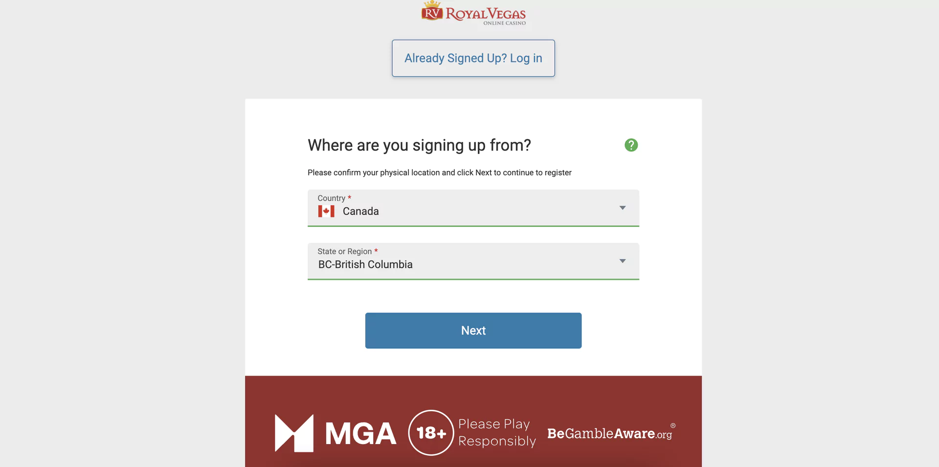Signup at Royal Vegas Casino