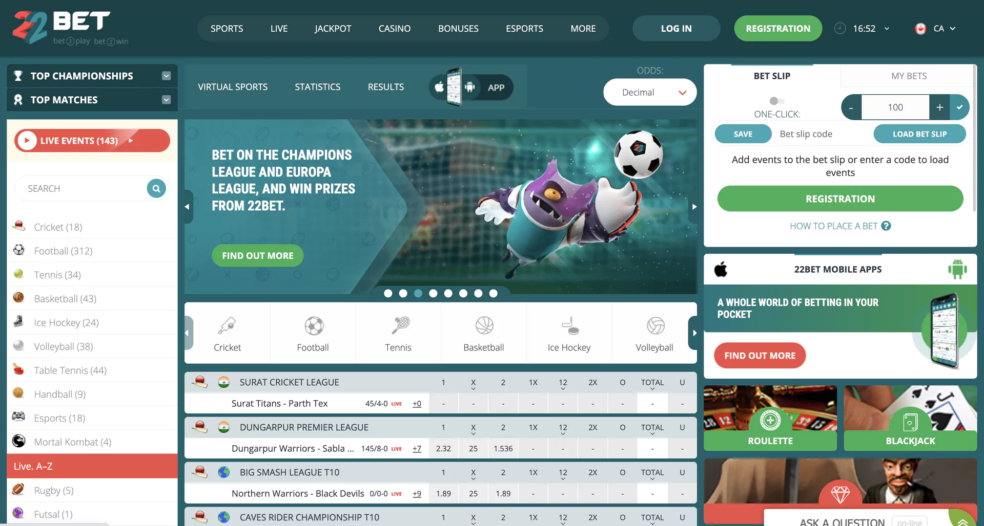 Screenshot of the 22Bet Casino