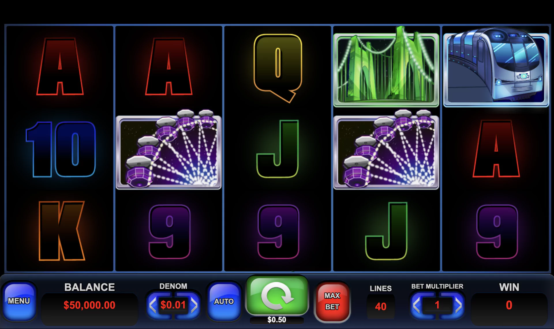 a station, and a lightning icon. The wild symbol, represented by a glowing icon, substitutes for all others except bonuses and scatter symbols.