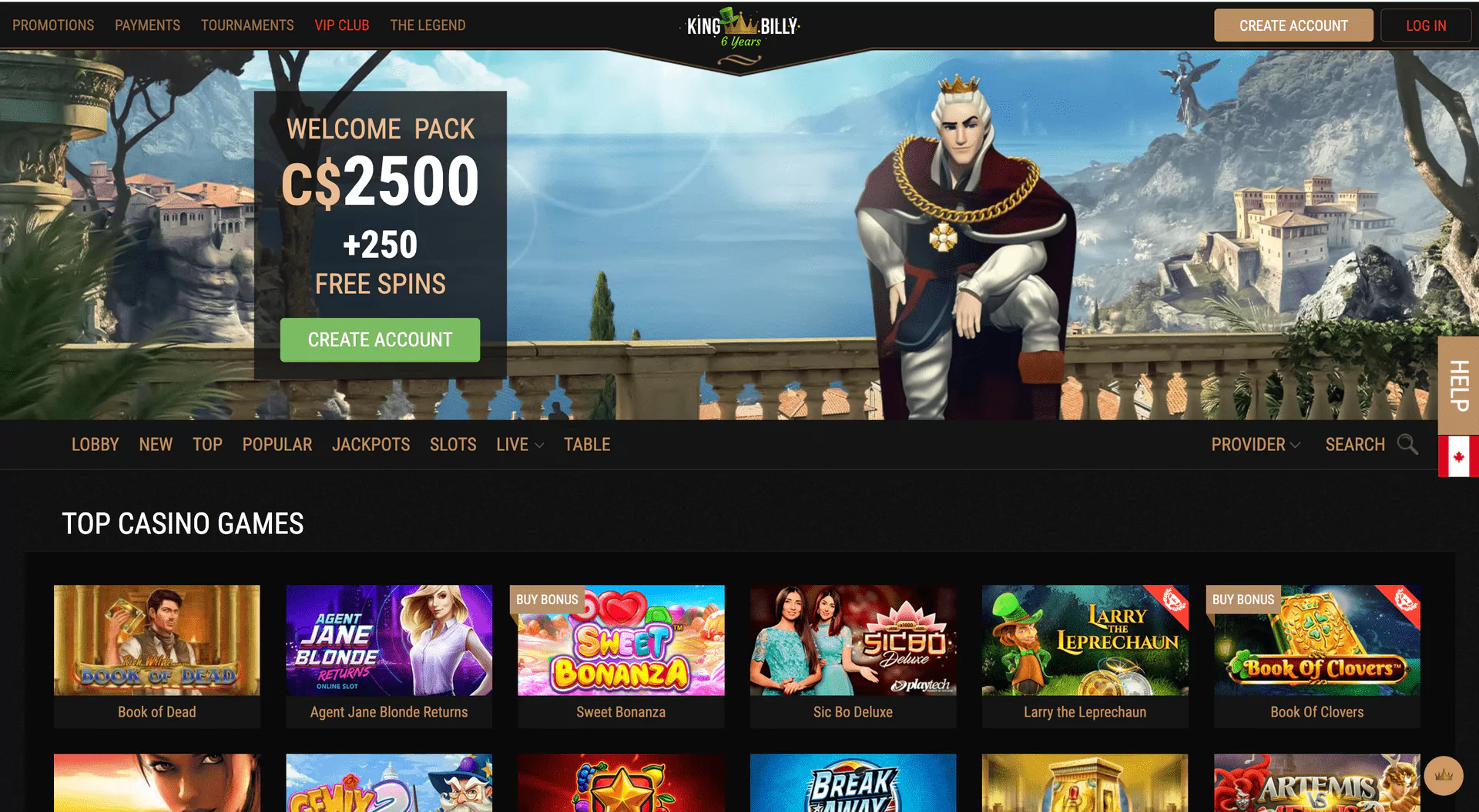 Screenshot of the King Billy Casino