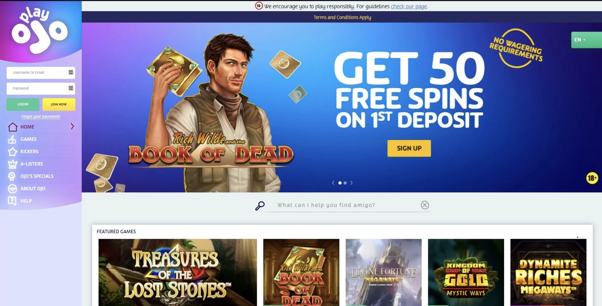 Screenshot of the PlayOJO Casino