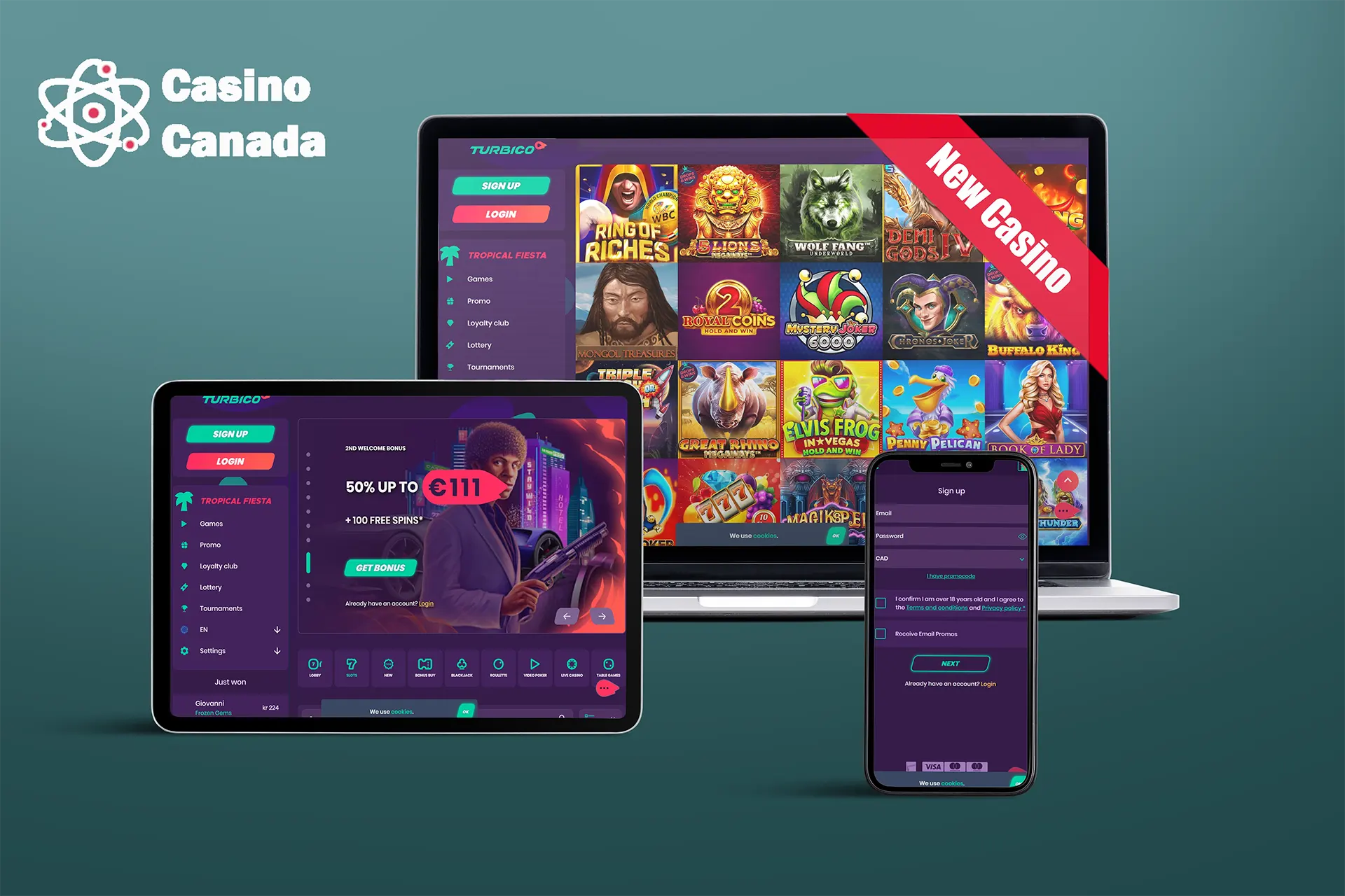 Screenshots featuring the Turbico New Casino.